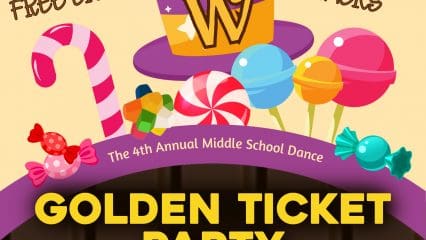 Flyer for Golden Ticket Party Event on Saturday, Feb 22, at 5:30p.m to 7:30p.m.