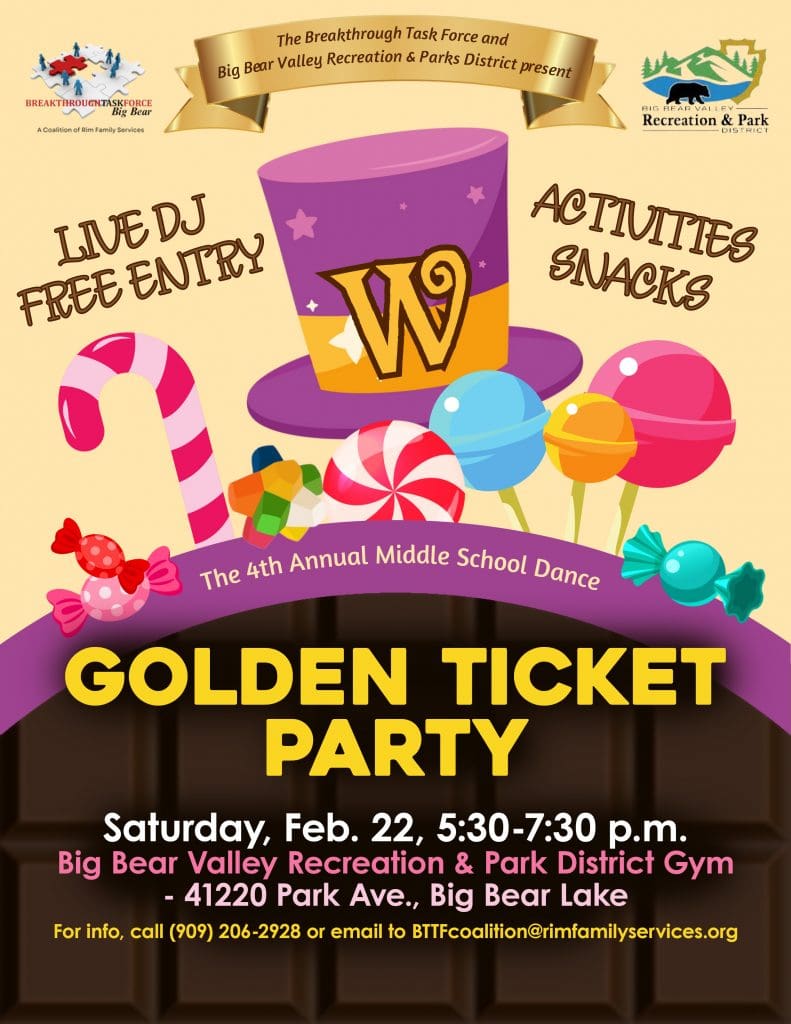 Flyer for Golden Ticket Party Event on Saturday, Feb 22, at 5:30p.m to 7:30p.m.