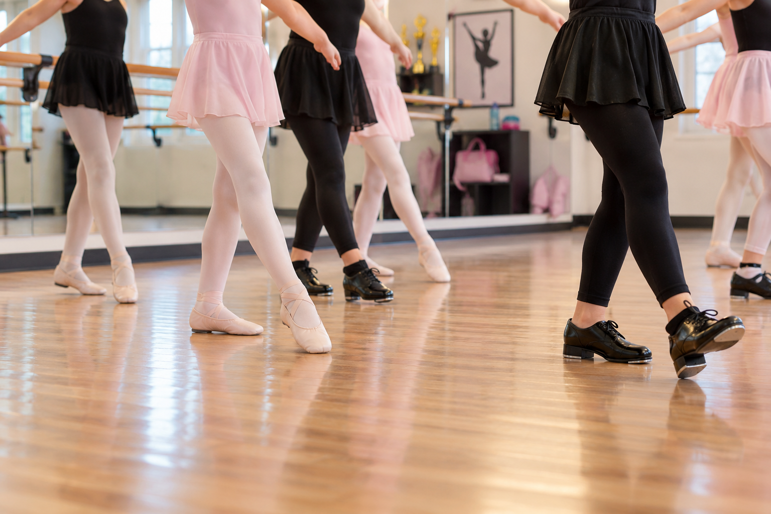 Children practicing ballet and tap dance in a studio, shown from the shoulders down, wearing ballet slippers and tap shoes on a polished wood floor.