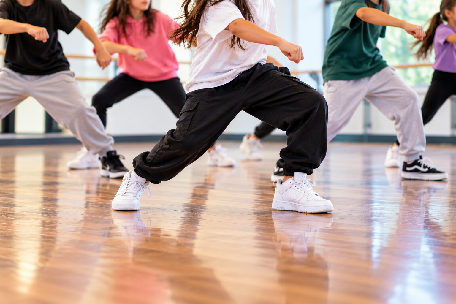 Children practicing hip hop dance moves in a bright studio, shown from the shoulders down, wearing colorful athletic clothing and sneakers.