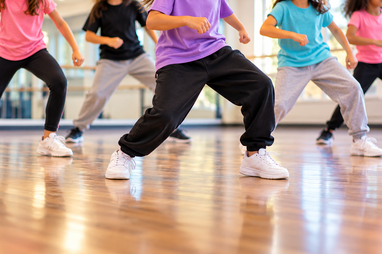 Children practicing hip hop dance in a bright studio, shown from the shoulders down, wearing casual athletic clothing and sneakers while performing coordinated dance moves.