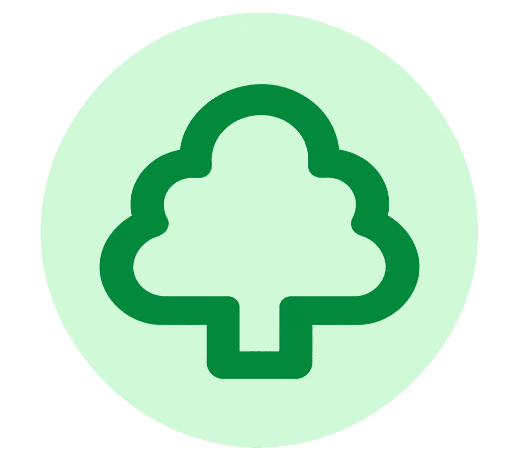 Green outlined tree icon centered inside a light green circle.